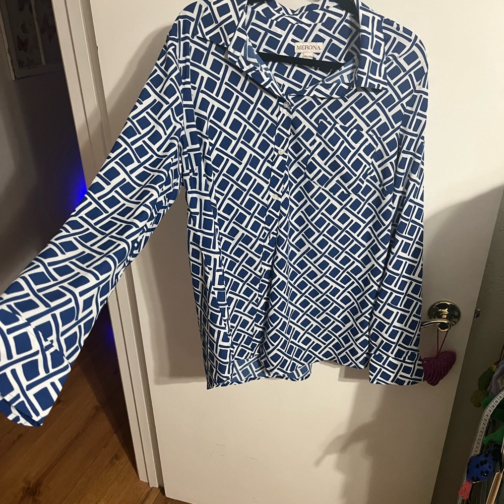 ❤️ XXL Merona Blue Geometric Print Women's Button Down Top - Picture 6 of 10